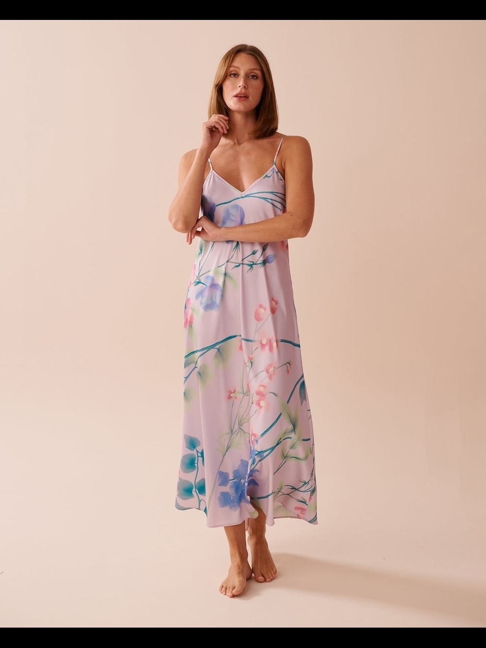 Lavender Garden Print Long Satin Nightie